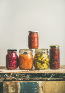 Autumn seasonal pickled or fermented colorful vegetables copy space