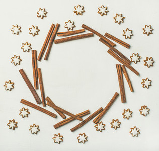 Christmas wreath made from cookies and cinnamon sticks  copy space