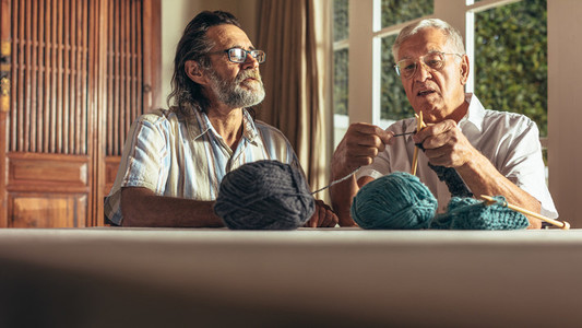 Active seniors knitting at home