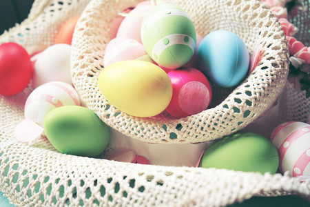 A beautiful and colorful close up of easter eggs in plain pastel