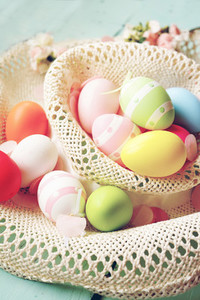 A beautiful and colorful close up of easter eggs in plain pastel