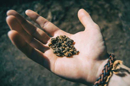 Close up of some volcanic soil held by a human hand