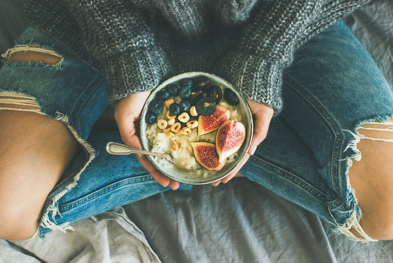 Healthy vegetarian dieting winter breakfast in bed concept