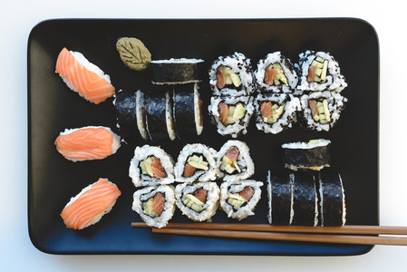Homemade sushi set on plate