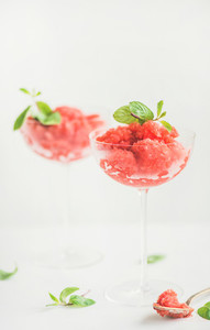Strawberry and champaigne summer granita in champagne glasses