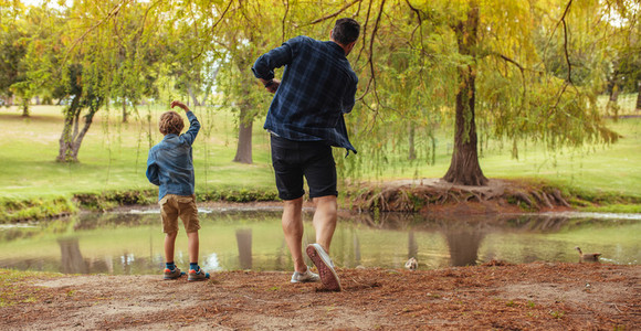 Father and son throwing rocks in pond