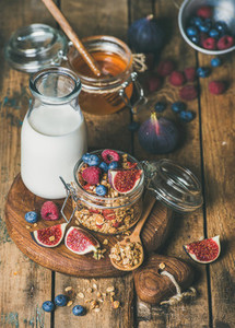 Healthy vegetarian breakfast with Oatmeal granola and almond milk