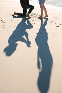 Shadow of couple proposing on beach