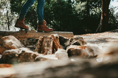 Person walking on log of wood in a forest