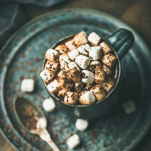 Winter warming sweet drink hot chocolate with marshmallows  square crop