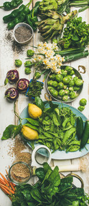 Spring healthy vegan food cooking ingredients  top view  vertical composition