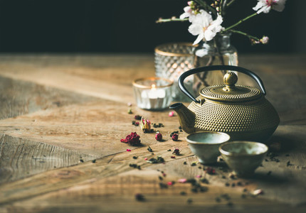 Traditional Asian tea ceremony arrangement over wooden background  copy space