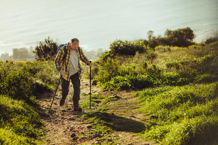 Man trekking up a hill using hiking poles