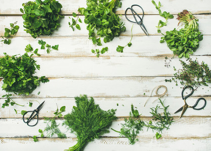 Various fresh green kitchen herbs over wooden background copy space