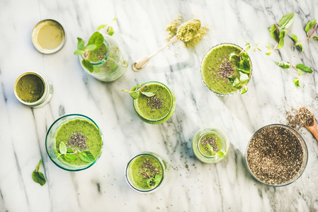 Matcha green vegan smoothie with chia seeds top view
