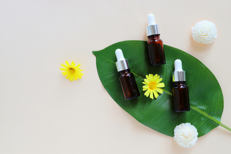 Flat lay of organic aromatherapy oils and beauty products for mo
