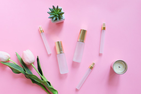 Flat lay of beauty skincare products for mock up in minimal styl