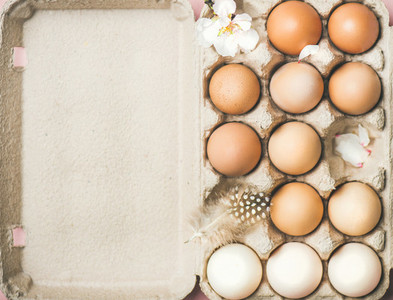 Natural colored eggs in box for Easter  copy space