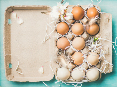 Natural colored eggs for Easter in box  blue background