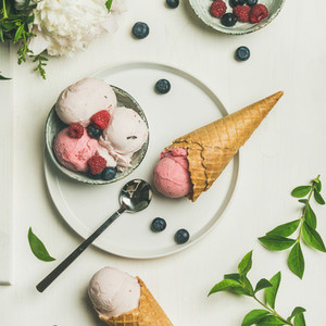 Pink strawberry and coconut ice cream waffle scoops  square crop