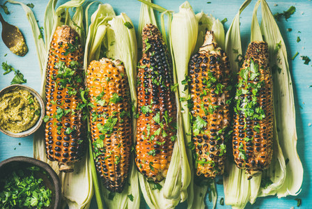 Flat lay of grilled sweet corn with spices