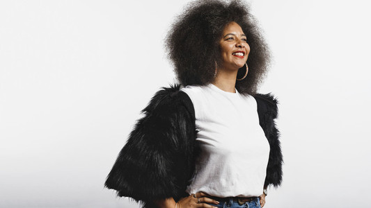 Happy woman in afro hairstyle