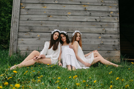 Three charming girls  near a wooden house