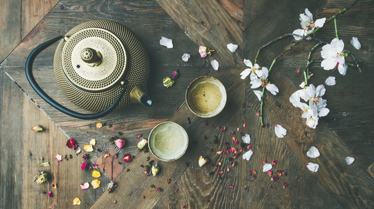Flat lay of Traditional Asian tea ceremony arrangement  top view