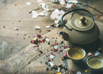 Traditional Asian tea ceremony arrangement over rustic background  copy space