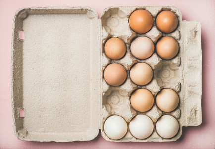 Natural colored eggs for Easter in box  copy space