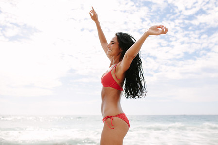 Woman in bikini dancing on the beach
