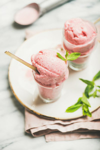 Homemade strawberry yogurt ice cream with mint on plate  vertical composition