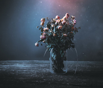 Dried bunch of roses in a vase on a wooden table on a black and blue background  Concept dead flowers