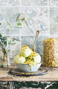 Bowl of pistachio ice cream