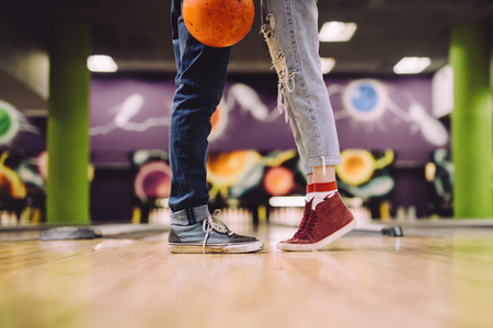 Loving couple at bowling alley