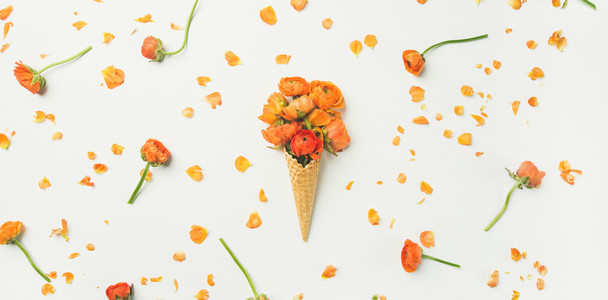 Waffle cone with orange buttercup flowers over white background