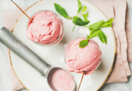 Homemade strawberry yogurt ice cream with mint on plate