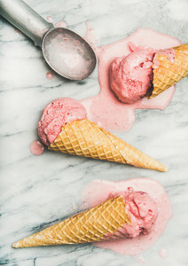 Flat lay of homemade yogurt strawberry ice cream  vertical composition