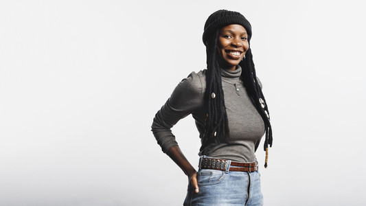 Smiling african female with long dreadlocks
