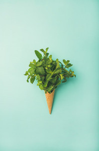 Waffle cone with fresh mint over blue background  vertical composition