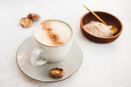 Mushroom latte with Shiitake powder and unsweetened coconut almond blend milk  Healthy useful vegan drink