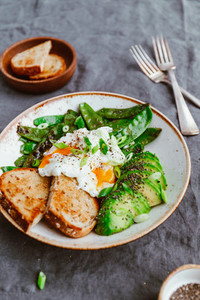 Healthy breakfast or lunch  Fried snow peas  avocado  poached eggs are sprinkled chia seeds with toasts