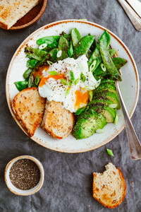 Top view of healthy breakfast or lunch  Fried snow peas  avocado  poached eggs are sprinkled chia seeds with toasts