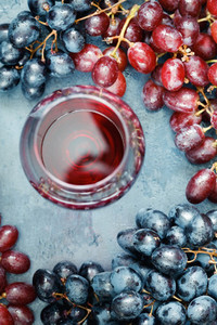 Top view on a glass of red wine amidst fresh red and blue grape branches