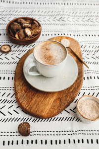 Mushroom latte with shiitake powder and unsweetened coconut almond blend milk  Healthy useful vegan drink