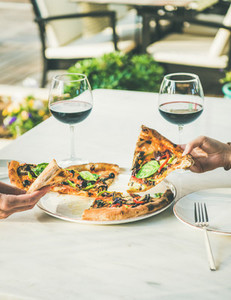 Summer dinner or lunch with pizza and wine