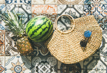 Summer lifestyle background with fruits and straw bag horizontal composition