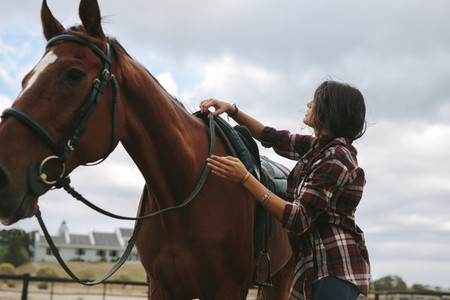 Equestrian woman preparing horse for ride