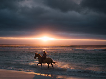 Female riding horse along the beach