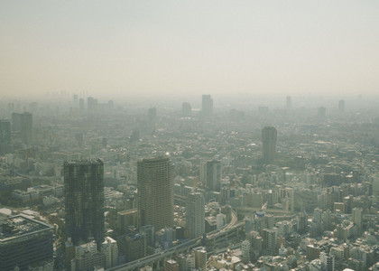 Sunny smoggy cityscape view 01
